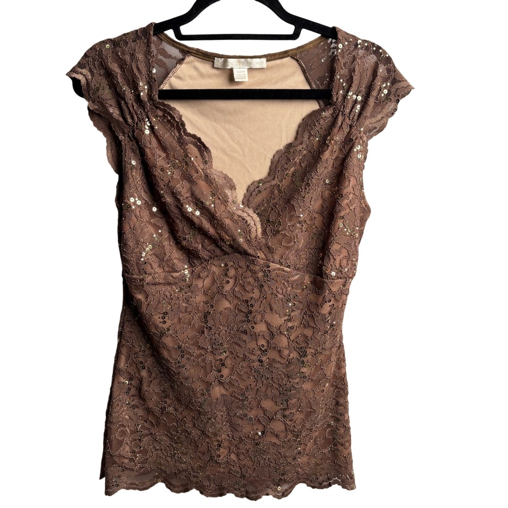 Boston Proper Brown Lace Sequin Cap Sleeve V-Neck Top M Fairy Core Y2K Babydoll‎